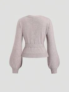 Sweetra 2 件套休闲薄款天鹅绒针织套装，性感 V 领系带 T 恤和松紧腰宽松裤 - 灰色 - 查看 4