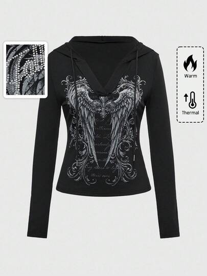 Grunge Punk Women's Black Fitted Gothic Style Rhinestone Decor Streetwear Punk Retro Y2K Dark V-Neck Long Sleeve Hoodie