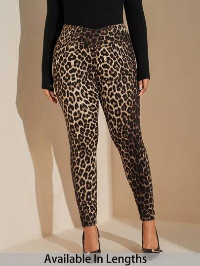SHEIN Tall CURVE 大码女式豹纹V腰时尚紧身裤