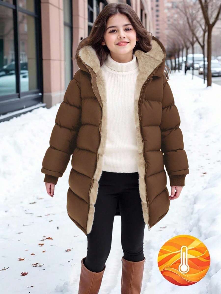 SHEIN 1件少女中長版長袖加厚外套，毛絨內裡，舒適保暖，純色冬季外套