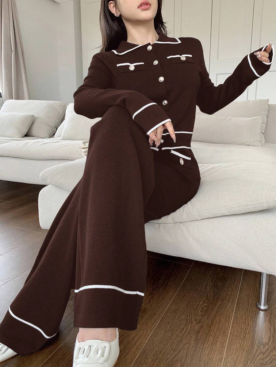 Feyla 2pcs Women Contrast Color Block Button Front Pocket Long Sleeve Top And Pants Set 2 Pieces Set In Fall/Winter - Coffee Brown - View 1