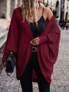 SHEIN Frenchy Women's Casual Solid Color Ribbed Batwing Sleeve Jacket, Autumn Winter Christmas Red,Fall,Fall Clothes For Women Spring Valentine's Day - Red - View 3