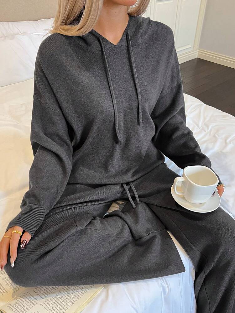 Women's Simple Solid Color Knitted Hooded Loungewear Set, Winter