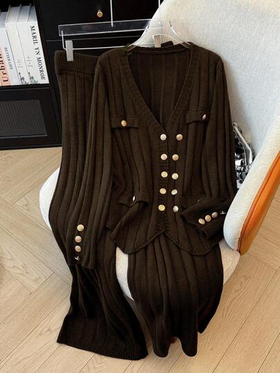 Regalyn Plus Size Women Metal Double-Breasted Long Sleeve Knitted Cardigan And Knitted Pants Casual Suit, Autumn/Winter