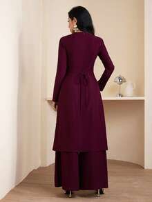 Veilorie 女士纯色圆领常规肩长袖优雅阿拉伯风格服装 - 酒紅色 - 查看 3