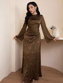 Veilorie 女士水钻装饰简约长袖连衣裙，日常穿着 - 咖啡棕 - 查看 5