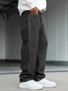 Manfinity Hypemode 男士休闲竖条纹多口袋工装牛仔裤，深灰色男士宽松直筒休闲裤 - 深灰色 - 查看 5