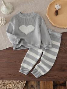 Baby Girls' Cute Heart Pattern Crew Neck Sweater And Striped Knit Pants 2Pcs Set,Autumn Winter Grey Knitted Outfits For Family Matching - Grey - View 4
