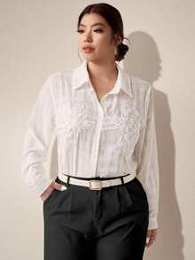 EMERY ROSE Plus-Size Women's Casual Vacation Commuting Autumn Shirt - White - View 4
