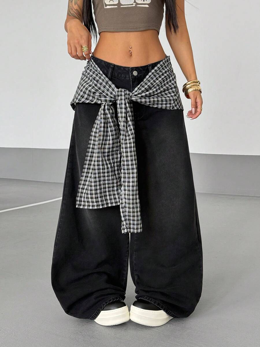 StreetHx Jeans casuales con cinturón y ajuste holgado para mujer - Negro - Ver 1