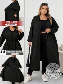 SHEIN CURVE+ Women's Solid Drawstring Hooded Waterproof Long Sleeve Trench Coat Plus Size Hooded Jacket Plus Size Raincoat Curve Fall Jacket 8xl Women Clothes Plus Size Olive Green Jacketfall Clothes For Women,Winter,CURVE PLUS
