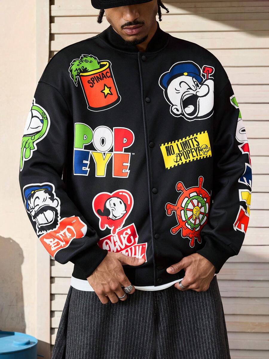 Popeye X SHEIN Men's Casual Letter & Cartoon Graphic Button-Up Long Sleeve Jacket, Autumn - Black - View 1