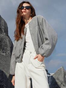 Aveloria Modichic Veste ample en laine mélangée pour femmes à manches longues, col rond, avec fente et design plissé au bas, style décontracté et confortable pour les trajets quotidiens