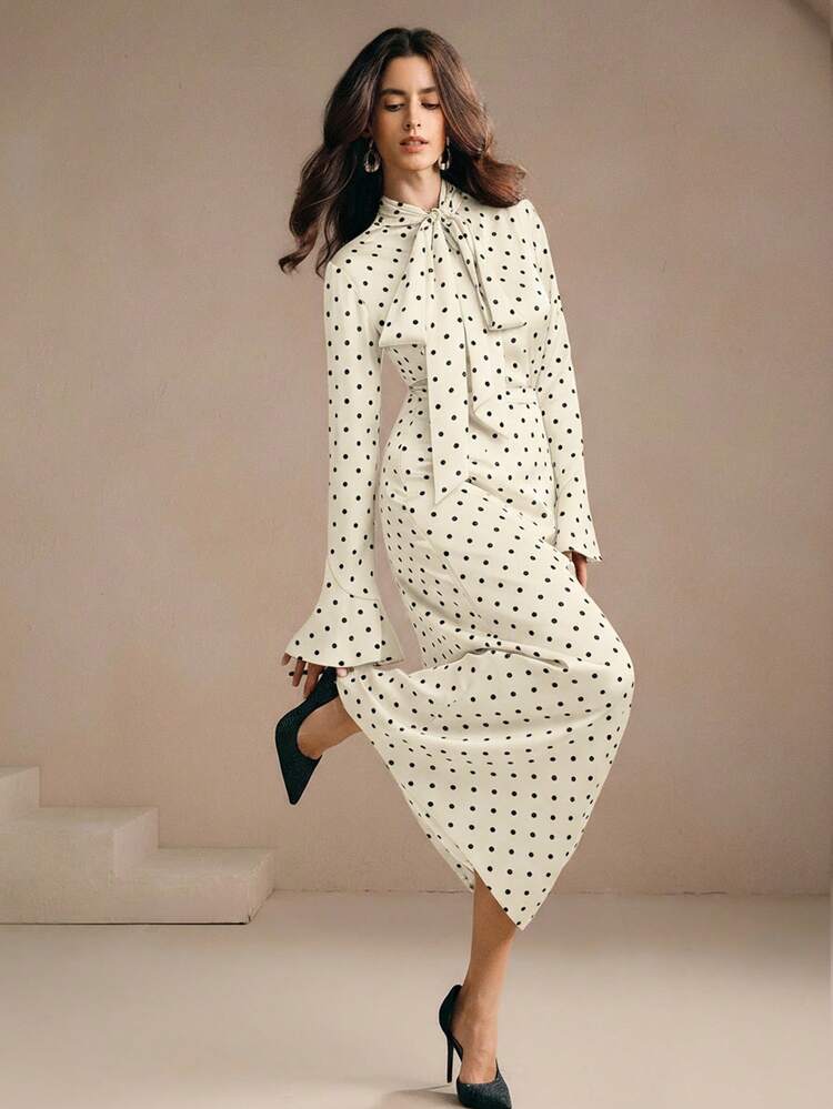 Vacation-Inspired Elegant Commuter Brown & Pink Polka Dot Print Collar Bow Decor Long Sleeve Ruffle Sleeve Women Casual Shirt + High Waist Straight Women Skirt 2-Piece Set, Suitable For Spring, Summer, Going Out, Elegant, Formal, Party, Chic, New Year, Christmas, Graduation