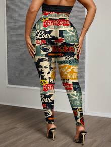 Slaydiva Plus Size Vintage Poster Print Leggings, Suitable For Autumn/Winter - Multicolor - View 2