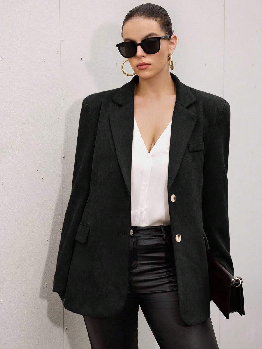 Aveloria Modichic 女式缺口领双排扣长袖休闲优雅OL通勤仿麂皮西装外套 - 黑色 - 查看 1