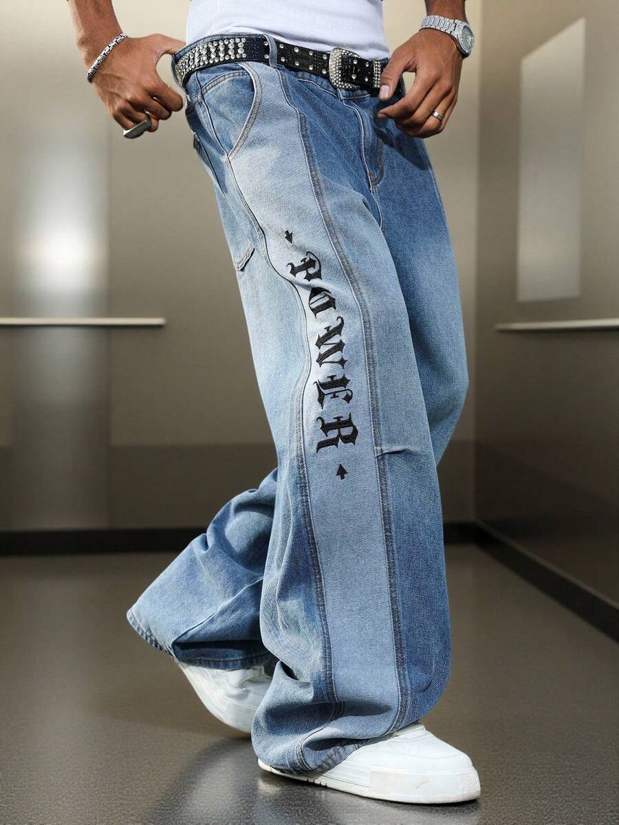 Manfinity EMRG American Style Embroidered Letter Loose Fit Jeans, All Season Baggy Jeans Streetwear - Blue - View 1