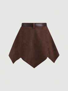 SHEIN PETITE 复古性感鹿绒不对称高腰修身裙配腰带，女士秋冬 - 咖啡棕 - 查看 2