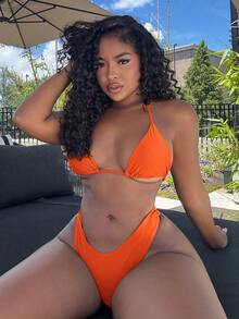 Alexandranx Women's Solid Color Halter Neck Tie Two Pieces Bikini Set Bathing Suit For Summer Beach - Orange - View 5