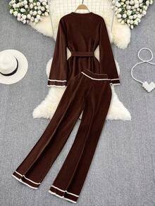 DreamSkyne Kontrastfarbiges, minimalistisches Langarm-Top und Hosen Pullover Set in Große Größen, Alltagskleidung