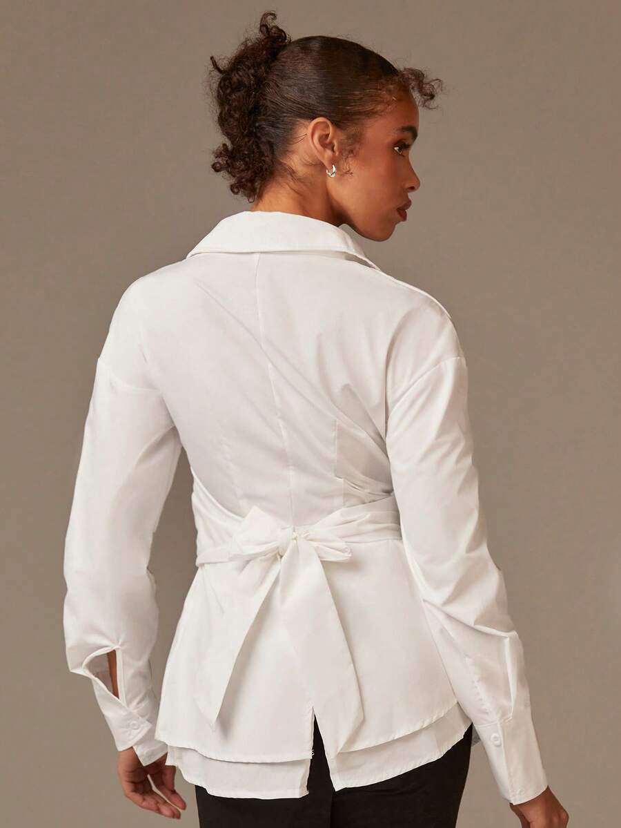 Athîral Camisa 2 en 1 de mujer estilo minimalista francés con cintura anudada asimétrica blanca, blusa elegante de manga larga para oficina, ropa profesional casual de negocios para otoño, básica - Blanco - Ver 1