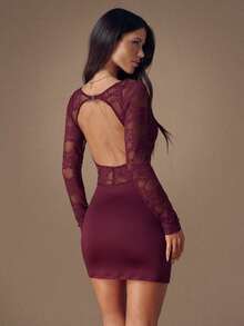 SHEIN BAE 勃艮第花蕾丝拼布圆领长袖镂空后背性感优雅精致迷你连衣裙，适合鸡尾酒会、浪漫约会、秋冬汗衫裙、派对、正式聚会、夜间外出连衣裙、婚礼宾客连衣裙、万圣节连衣裙、圣诞节连衣裙 - 酒紅色 - 查看 1