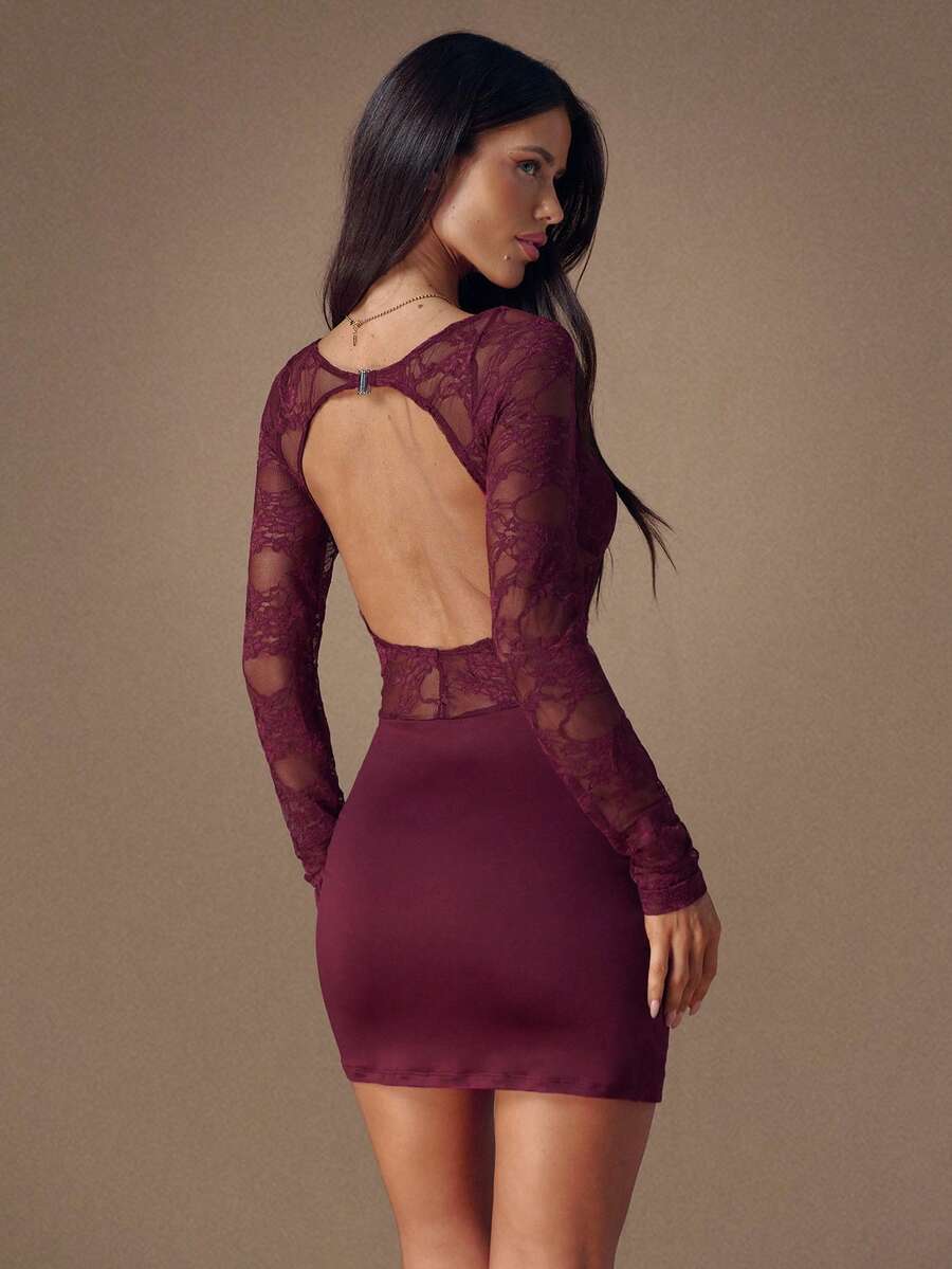 SHEIN BAE 勃艮第花蕾丝拼布圆领长袖镂空后背性感优雅精致迷你连衣裙，适合鸡尾酒会、浪漫约会、秋冬汗衫裙、派对、正式聚会、夜间外出连衣裙、婚礼宾客连衣裙、万圣节连衣裙、圣诞节连衣裙 - 酒紅色 - 查看 1