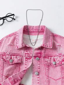 Tween Girls 2-Piece Denim Set, New Arrival For Autumn/Winter - Pink Denim, Y2K Style, Distressed Ripped, Fitted, Girls Denim Jacket & Pleated Mini Skirt, Comfortable Cotton Denim, Suitable For Daily Wear, Party, School, Commute Pink Denim Outfit Kids Kids Two Pieces Denim Outfit Pink Skirt Set Girls - Pink - View 5
