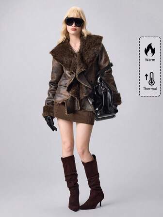 Grunge Punk Women's Distressed Suede Patchwork Faux Fur Y2K Millennium Retro Jacket