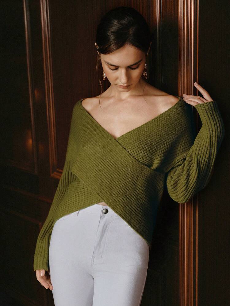 無地カジュアルニットクロスVネックバーサタイルレディースプルオーバーセーター、秋冬、外出、エレガント、レジャー、フォーマル、パーティー、ファッショナブル、新年、クリスマス、仕事、卒業式、結婚式に適しています