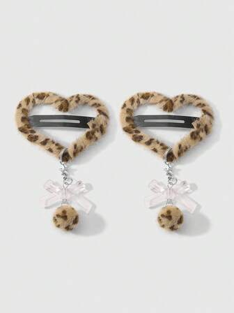 Kawaii 2pcs Y2K Retro Cute Stylish Collegiate Furry Ball, Star Chain, Leopard Print, Heart Shaped Hair Clips, Bangs Clips, Suitable For Women, Daily Wear, Holiday Gift Valentines Claw Clips Hair Claws Hair Barrettes