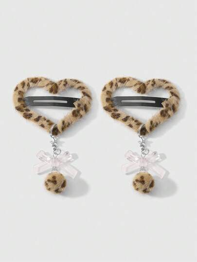 Kawaii 2pcs Y2K Retro Cute Stylish Collegiate Furry Ball, Star Chain, Leopard Print, Heart Shaped Hair Clips, Bangs Clips, Suitable For Women, Daily Wear, Holiday Gift Valentines Claw Clips Hair Claws Hair Barrettes