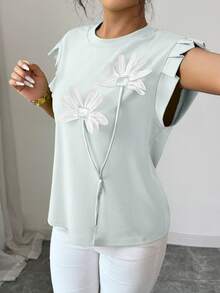 Elenzga Ladies' Summer And Autumn Cute Contrasting Three-Dimensional Flower T-Shirt - Mint Blue - View 5