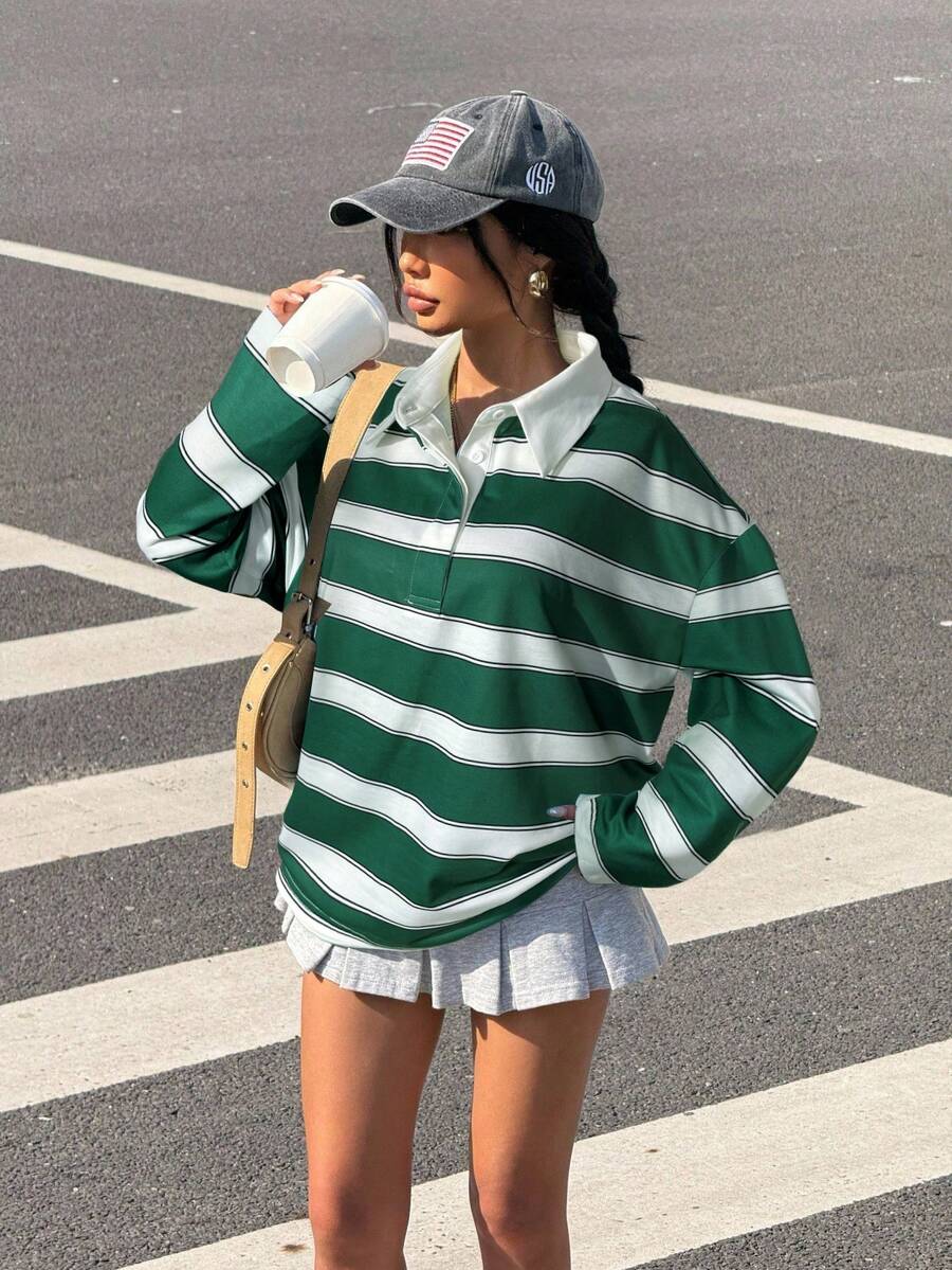 Muchica 2025新款简约秋冬女装休闲时尚别致通勤学院风撞色条纹印花polo领宽松长袖T恤春秋季外出上衣万圣节街头装 - 綠色 - 查看 1