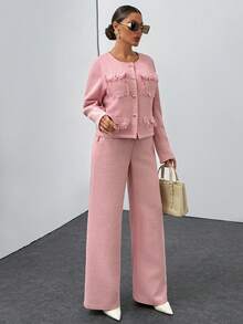 EURMUSE Women's Pink Tweed 2 Pieces Set – Long Sleeve Button Front Jacket With Fringe Pockets & High Waist Wide Leg Trousers, Elegant Casual Suit - Pink - View 4