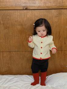 DAZY 女童心形拼色休闲韩版长袖毛衣，秋冬 - 米色 - 查看 3