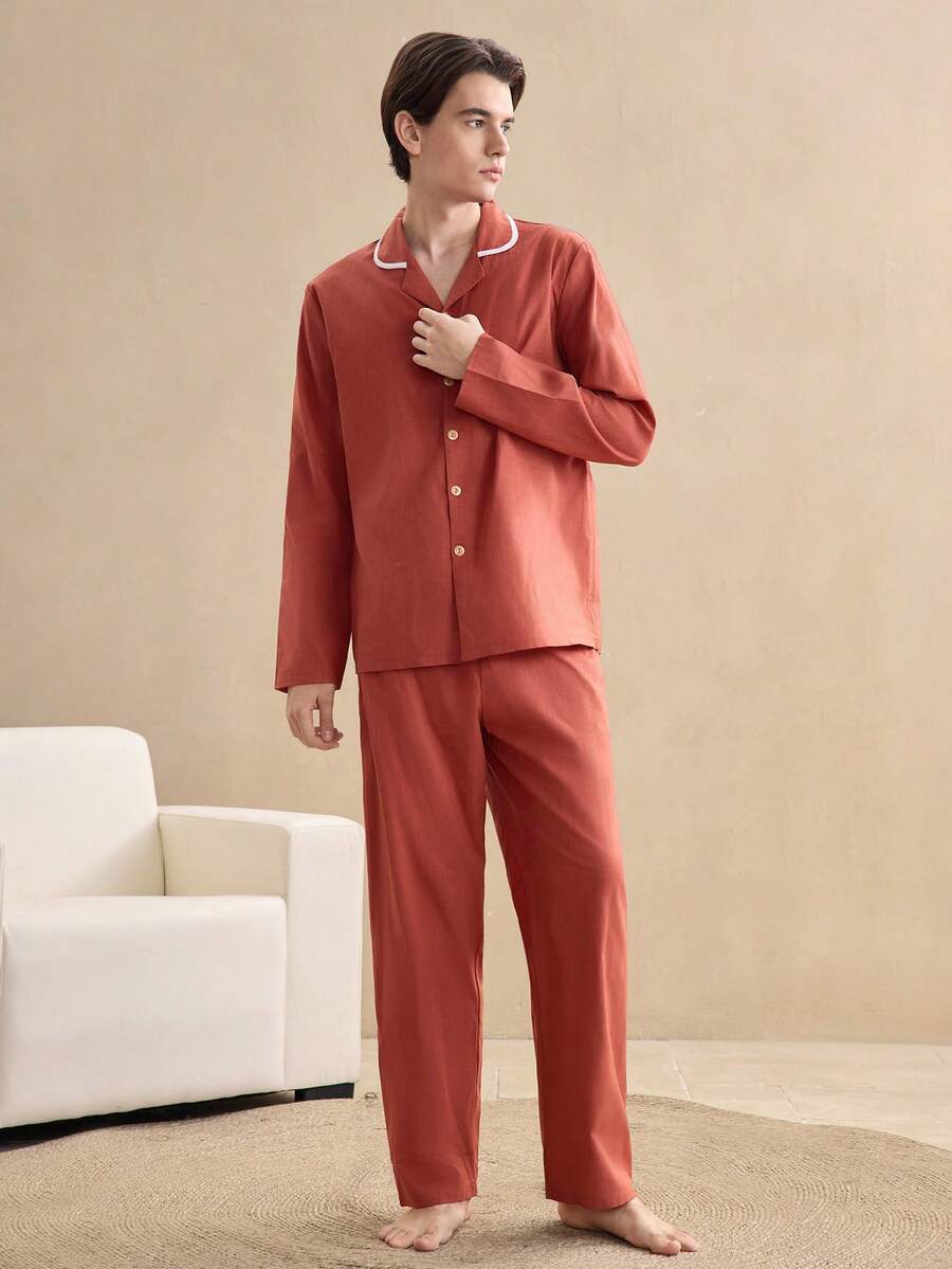EverLounge Conjunto de ropa de estar cómoda y casual 100% algodón para hombres, apto para uso en interiores y exteriores, ropa de invierno - Óxido marrón - Ver 1