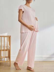 Moonlight&Mama Maternity Solid Color Cap Sleeve Top And Pants Pajama Set - Pink - View 4