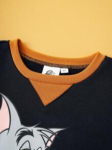 TOM & JERRY X SHEIN 小男孩卡通图案拼色圆领落肩长袖休闲卫衣 - 彩色 - 查看 4