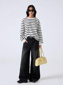 LYSMO 2025 New Arrive Minimalism Winter Striped Print Sweatshirt Graduation,Back To School,Graduation,Teacher For Women,Back To School In Fall/Winter Winter For Women New Year Look And Christmas For Women For Going Out, Streetwear, And Stockholm Style - Black and White - View 7