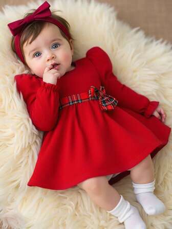 Souflis Souflis 女婴优雅针织圆领灯笼袖 A 字裙，腰部饰有黑色和红色格子蝴蝶结，适合派对和节日庆典，秋冬季