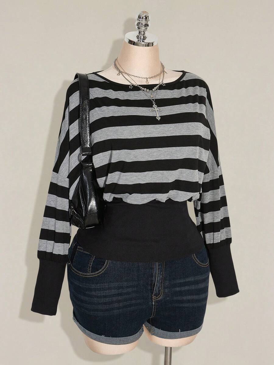 SHEIN ICON Camiseta de punto de cuello redondo, cintura delgada, estilo casual, a rayas grises y negras, con estilo punk, grunge y milenial Y2K, para tallas grandes y sexy - Negro - Ver 1