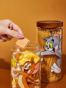 TOM & JERRY X SHEIN 1个卡通图案印花硼硅酸盐玻璃储物罐，容量分别为25.4盎司/750毫升和33.8盎司/1000毫升，两种尺寸，适合盛放不同内容物，例如意面、谷物、调味料等。建议盛放干燥物品，如奶酪。 - 無色 - 查看 2
