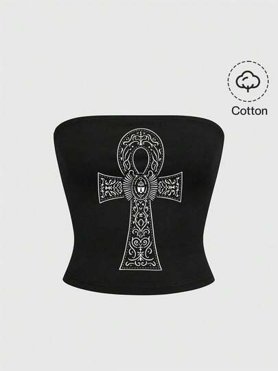 Grunge Punk Top corto negro con decoración de cruz y estilo gótico para mujeres