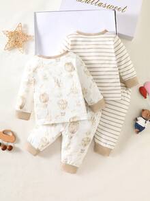 SHEIN Ensemble de 4 pièces de chemise à manches longues et pantalon imprimés de motifs de bébé nouveau-né, convenant aux garçons et aux filles, en tissu confortable, adapté aux activités à la maison et à l'extérieur