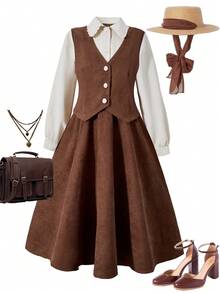 Girls' Colorful Patchwork Collared Elegant Jumpsuit Dress, Suitable For Christmas, Birthday Party, And Other Occasions - Brown - View 3