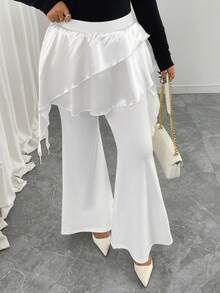 Elenzga Plus Size Women's Woven Regular Autumn/Winter Elegant Double Ruffle Hem Flared White Pants - White - View 4