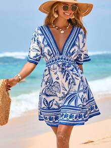 Swim Vcay Women's V-Neck Waist Cinched Short Sleeve Printed Dress, Beach Cover-Up, Spring/Summer - Blue - View 3