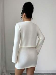 Selianne Elegant Solid Color Cardigan & Knit Skirt Suit, Suitable For Commuting - White - View 2