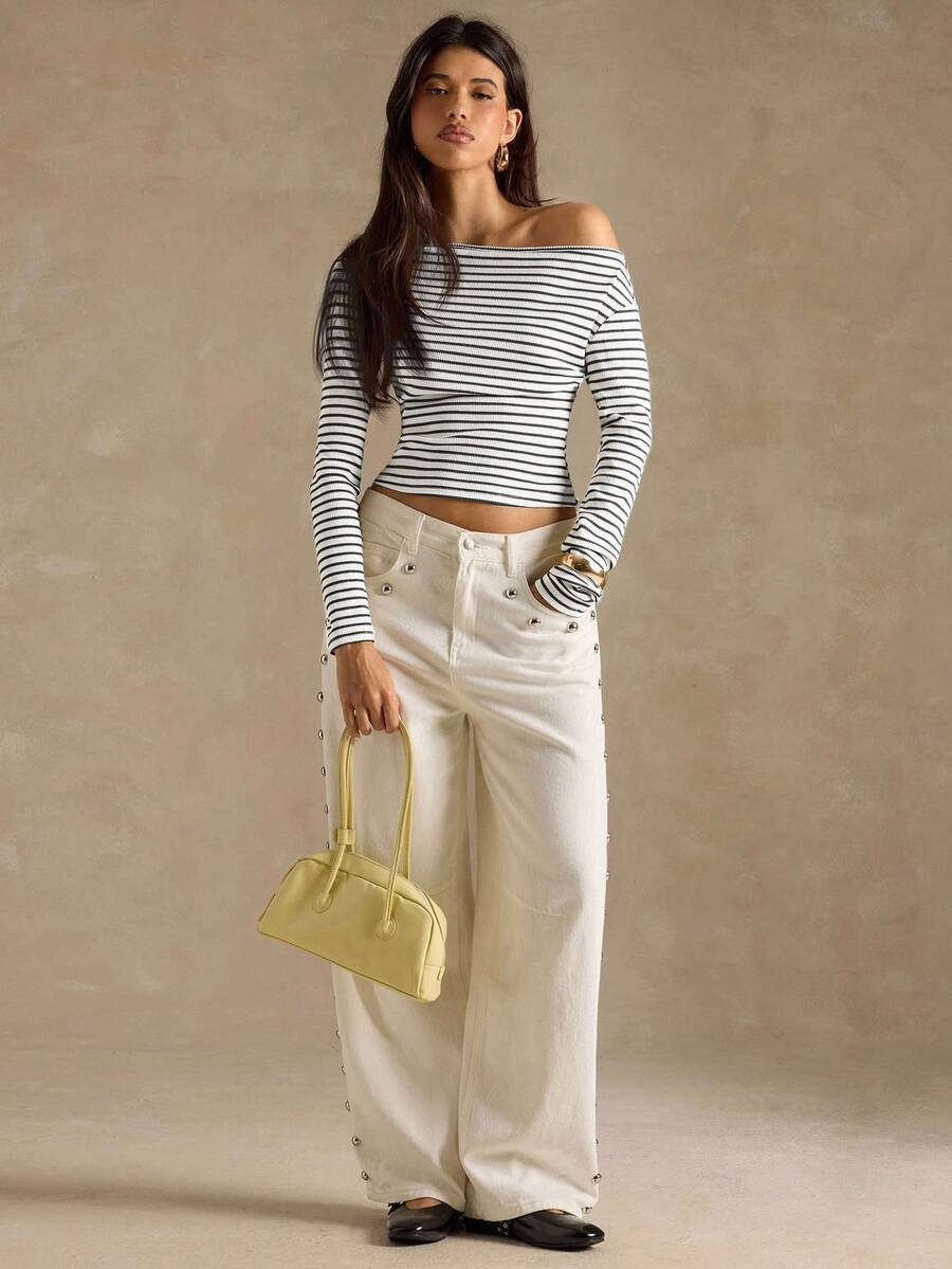 SHEIN BAE 女式休闲不对称领条纹T恤，秋季 - 白色 - 查看 1